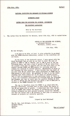 NI/62/7: Letter from the Minister of Science concerning the Electron Laboratory (16 July 1962)