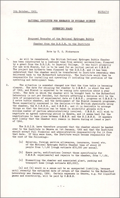 NI/62/10: Proposed transfer of the National Hydrogen Bubble Chamber from the DSIR to the Institute (9 October 1962)