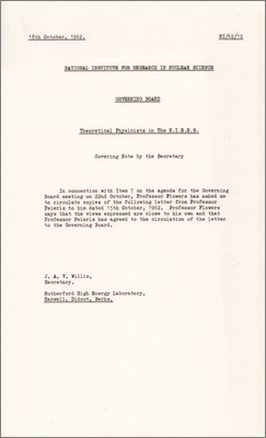 NI/62/12: Theoretical Physicists at the NIRNS (18 October 1962; Letter from Prof Peierls to Prof Flowers concerning theoretical physicists on the staff)