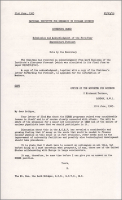 NI/63/10: Submission and acknowledgement of the Five-Year Expenditure Forecast. Copies of letters between Lords Hailsham and Bridges (21 June 1963; also 22 May and 11 June)