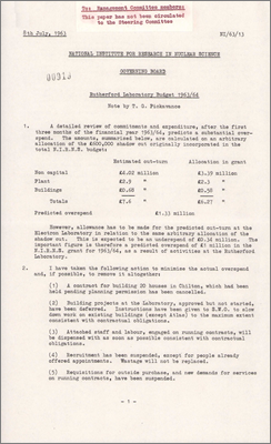 NI/63/13: Rutherford Laboratory Budget 1963/64 (8 July 1963)