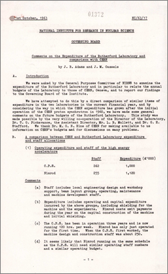 NI/63/17: Comments on the Expenditure of the Rutherford Laboratory and comparison with CERN (JB Adams and JM Cassels, ?1 October 1963)
