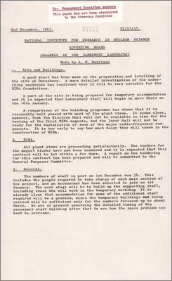 NI/63/25: Progress at the Daresbury Laboratory (2 December 1963)