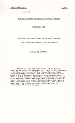 NI/64/1: Suggested imbalance between the support of Nuclear and Non-nuclear Research in the Universities; letter from C Jolliffe (30 January 1964, 5 December 1963)
