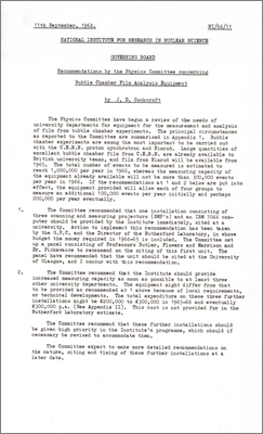 NI/64/11: Recommendations by the Physics Committee concerning Bubble Chamber film analysis equipment, notes by John Cockcroft, JAV Willis, LB Mullett (11 September 1964)