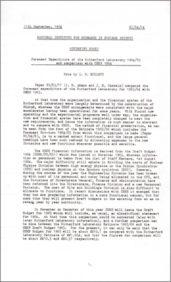NI/64/14: Forecast expenditure of the Rutherford Laboratory 1964/65 and comparison with CERN 1964 (11 September 1964)