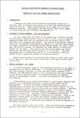 NI/64/15: High Flux Neutron Source -- Report of meeting held on 3rd July 1964, papers from Cockcroft, Lomer, Vick, Mitchell (28 October 1964)