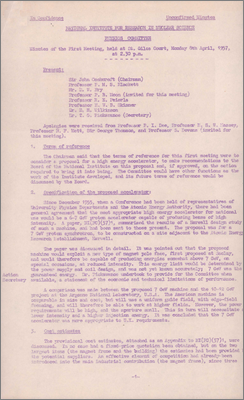 Unconfirmed minutes of NI-PC-57-01 (ToR, specification of new accelerator first discussed in 1955, 8 April 1957)