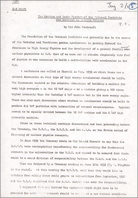 Second draft of a paper by John Cockcroft on the early history of NIRNS (1957; "Jay 2/1" hand-written in the corner)