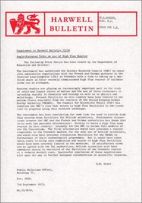 Harwell Bulletin (7 September 1972; Anglo-European talks on the use of a High Flux Reactor)