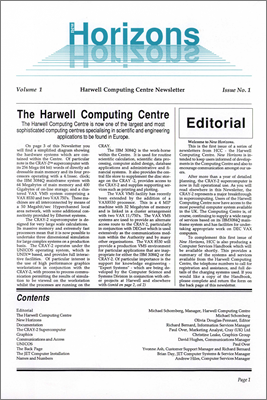 new Horizons: Harwell Computing Centre Newsletter (Issue 1, assumed to be 1980s because the telephone area code is 0235)