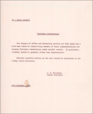 Memo: Christmas celebrations (12 December 1962)