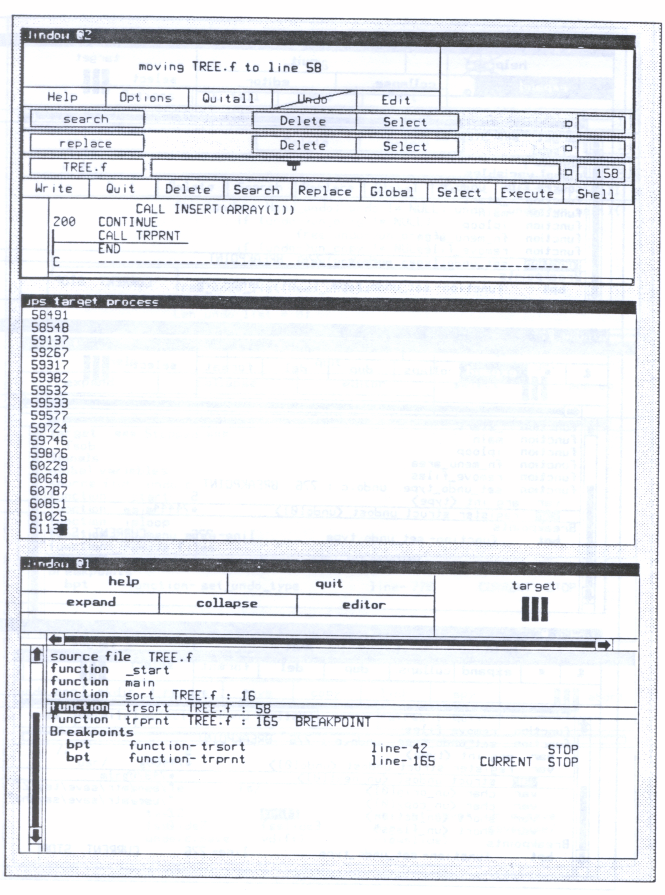 Figure 9: Ups. Stopped on a breakpoint with the source in window 2 and the target 
process in another window