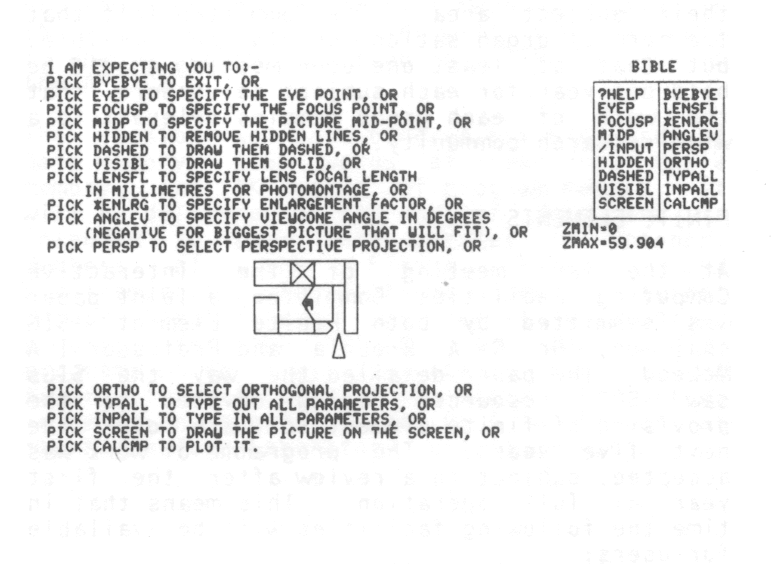 Fig 4: BIBLE - a perspective drawing package, output requesting choice of responses.
