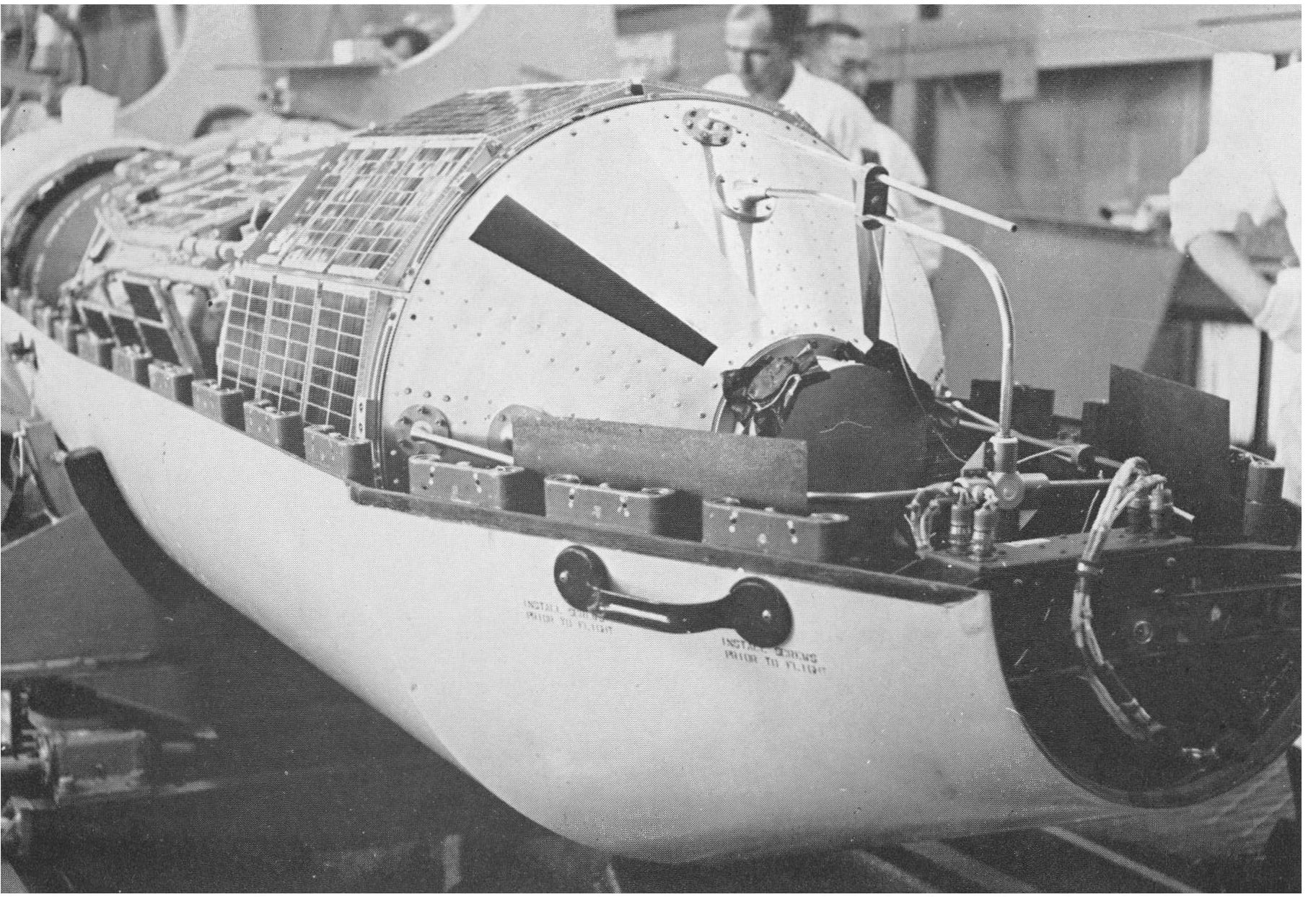 Figure 4: Ariel III mounted on the fourth stage of a SCOUT rocket with one half of the nose cone fitted