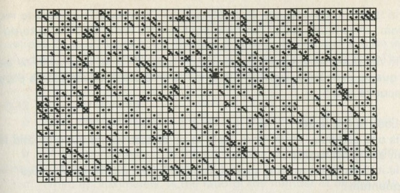 Figure 64: ... some time later! Quanta in the system shown in figure 63 have been allowed to move about at random, favouring moves from one group of atoms no more or less than moves from the other. But the quanta are now evenly spread between the two. After this, quanta still shift about, but there is no more overall change. 