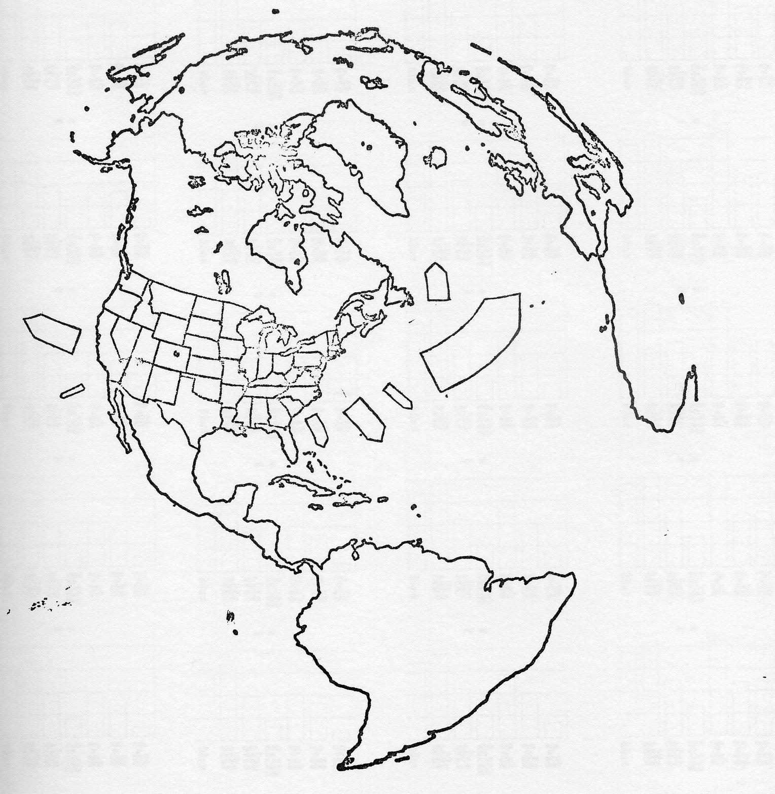 Figure 3: Relative distribution of exports from the United States by the continents Asia, Oceania, Central America, South America, Africa, Europe and Northern America (Canada, Greenland etc) as of 1955. Length and width of arrows allowed to vary between specified limits to represent per cent of U.S. export in that direction. Display by orthographic projection.