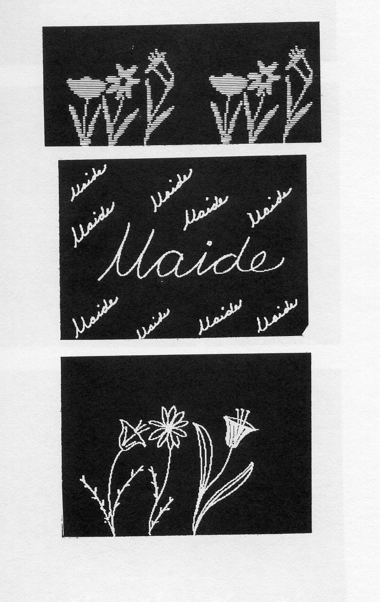 Fig. 1a. A frame of the resolution used for outdoor display boards (top photo). All photos are taken from the CRT.
Fig. 1b, 1c A frame of the finer resolution suitable for educational and artistic films.