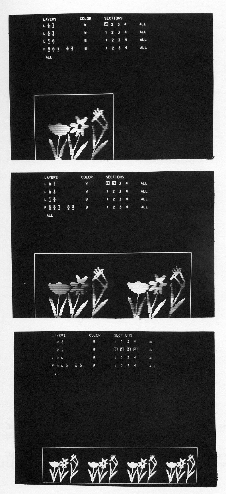 Fig.2. A garden of flowers was created by drawing three flowers in the left most section and copying that to form two sections, then copying the two sections to create four sections.