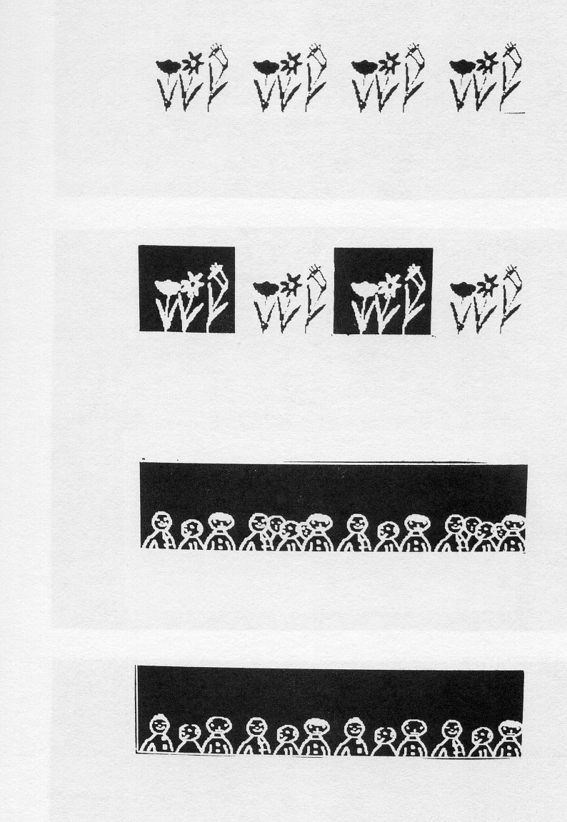 Fig. 3a, 3b. The reverse function, which operates on sections or layers, can interchange black and white. Fig. 3c, 3d. A crowd of people was created as in figure 2. The appearance of repetition was removed in 3d by modifying one scetion and copying it.