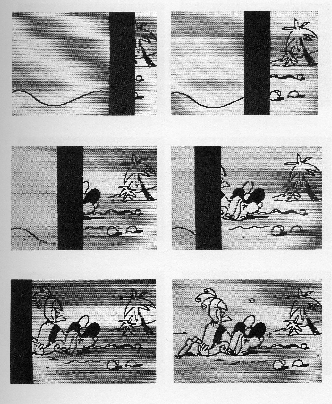 Fig. 11. A wipe sequence, frequently used to begin a new scene, is created using translation and mesh. (Animation by Oscar Vigano.)
