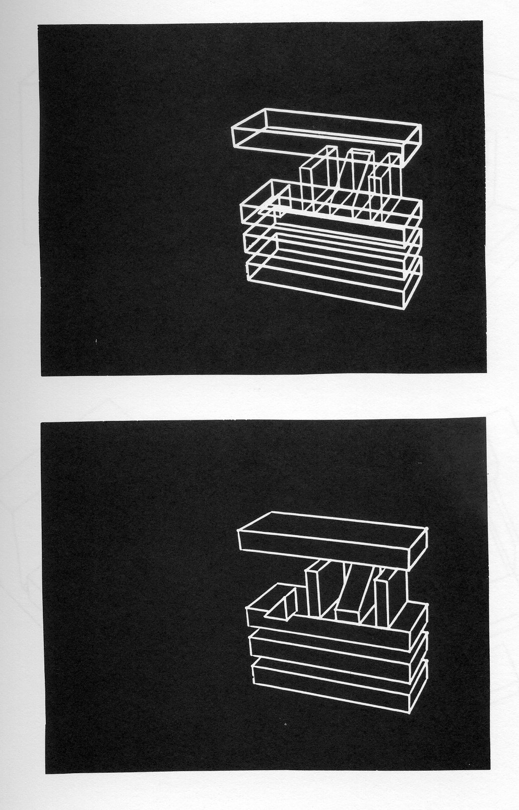 Figure 4: Wire frame design view on a 2250 display and the same scene after the hidden lines were eliminated by telecommunications. Notice that four of the components are copies of each other but are shifted in space.