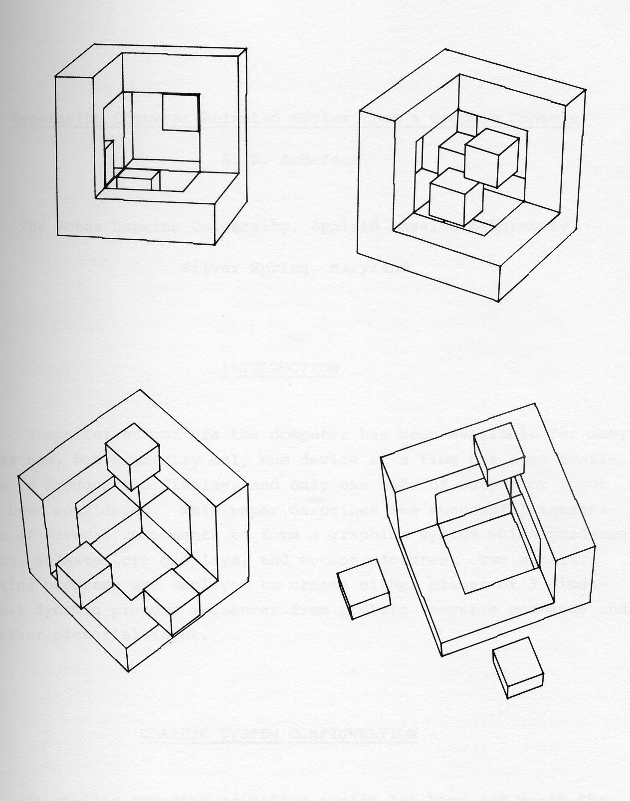 Figure 5: Four typical frames from a three dimensional sequence. The positions of the objects and the viewpoint have been continuously changed.