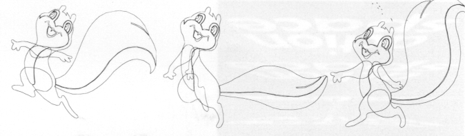 Figure 14 - Three outline drawings were used as a basis for a skipping action. 
Complete limbs are drawn; in the scanned version, hidden parts of limbs are not shown.
