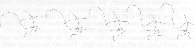 Figure 16 - In-betweening with a small number of key drawings usually produces 
rather mechanical movements. The SKELETON function allows you to feed in 
only ONE key drawing, and then to specify movement in a much more
 fluid way by drawing successive skeletons. Such skeletons can also be further 
in-betweened, but in a much smoother way than is possible with ordinary drawings. 
