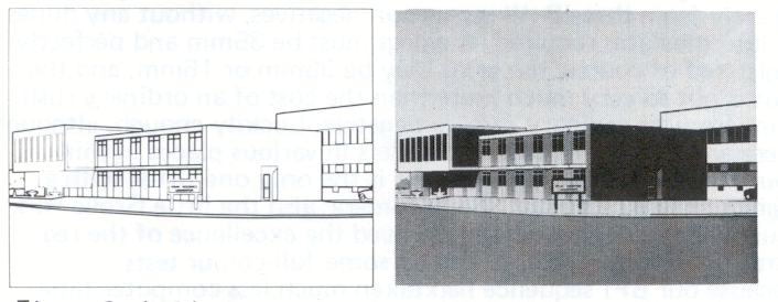 Figure 6a (left); outline drawing traced from a photo of the Atlas Laboratory. 
Fig 6b (right); scanned version of the drawing produced automatically by the program.