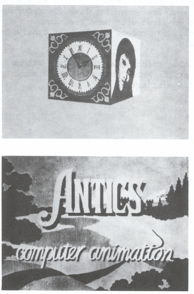 Figure 1: a full-colour sequence showing a few Antics capabilities
 that are tedious to produce by hand. From a surrealistic environment 
where rows of cubes drift across the screen in perspective, 
there emerges a large rotating cube, each face with an animating 
image: a clock-face with
hands turning, a human face that turns from side to side, 
a spinning pattern of stripes, and a question-mark that transforms 
to an exclamation-mark and back again. This large cube comes to rest 
in a landscape; the cube's lid opens and out comes an animating 
geometric pattern;
this, and also the cube itself, then transform into the title lettering 
