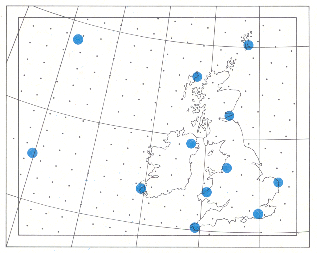 RADIOSONDE observing stations (large circles) are spaced at irregular intervals over the 
Earth's surface. Thus observations must be analysed in order to obtain initial values of 
heights and humidities at the grid points of the atmospheric model (small black dots)
