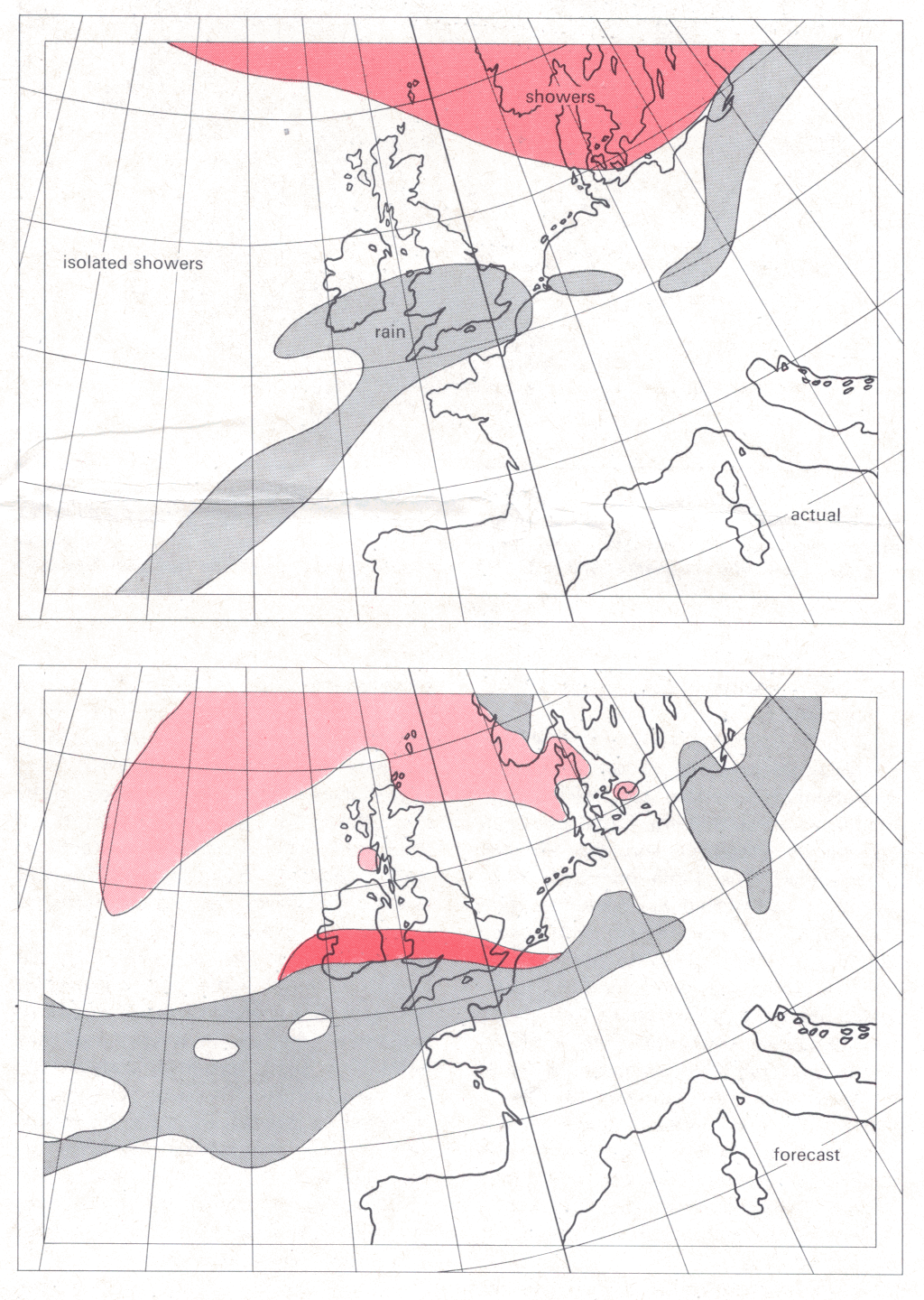FORECAST AND ACTUAL rainfall distribution for 1200 GMT on 16 October 1967. 
The original forecast, shown in black, was improved by refining the treatment of raindrop
 evaporation in the calculations (extending the area of forecast rain into the heavy 
coloured area). and by including the effects of surface heating (shown in light colour)
Comparison of this forecast with the actual rainfall shows that the fixed parameters on the 
lateral boundaries have had detrimental effects on the forecast in the western area.
