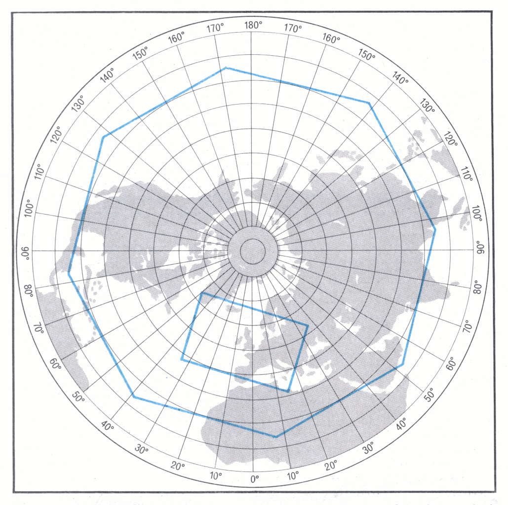 TWO COMPUTATIONAL areas have been used in developing the 10 level atmospheric model, 
the grid length used in the octagonal area being three times greater than in the rectangular 
area. For operational forecasts an enlarged rectangular area will be used for one to three day 
forecasts and an enlarged octagon for three to five day forecasts
