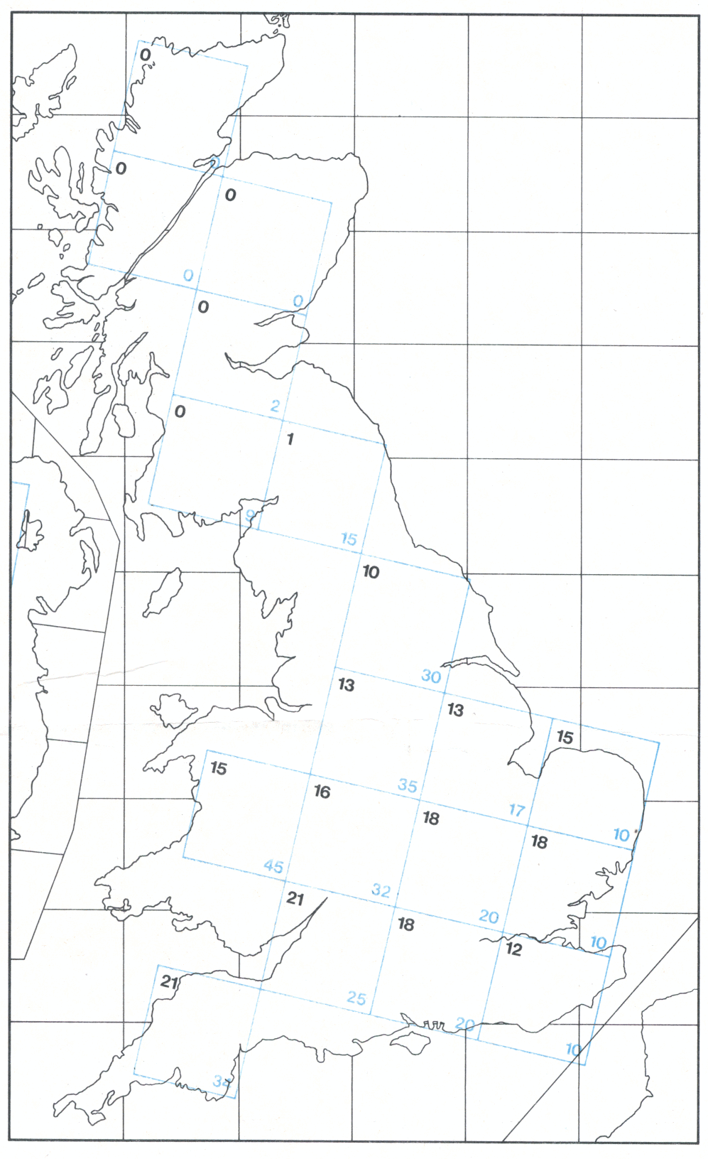 FORECAST RAINFALL totals (colour) in millimetres for the 24-hour period from 0000 GMT 
on 16 October 1967 are in good agreement with the actual rainfall totals (black) over central 
and southern England. The differences between forecast and actual rainfall totals over 
other parts of Britain point to the difficulties encountered in adequately representing 
orographic effects in the atmospheric model
