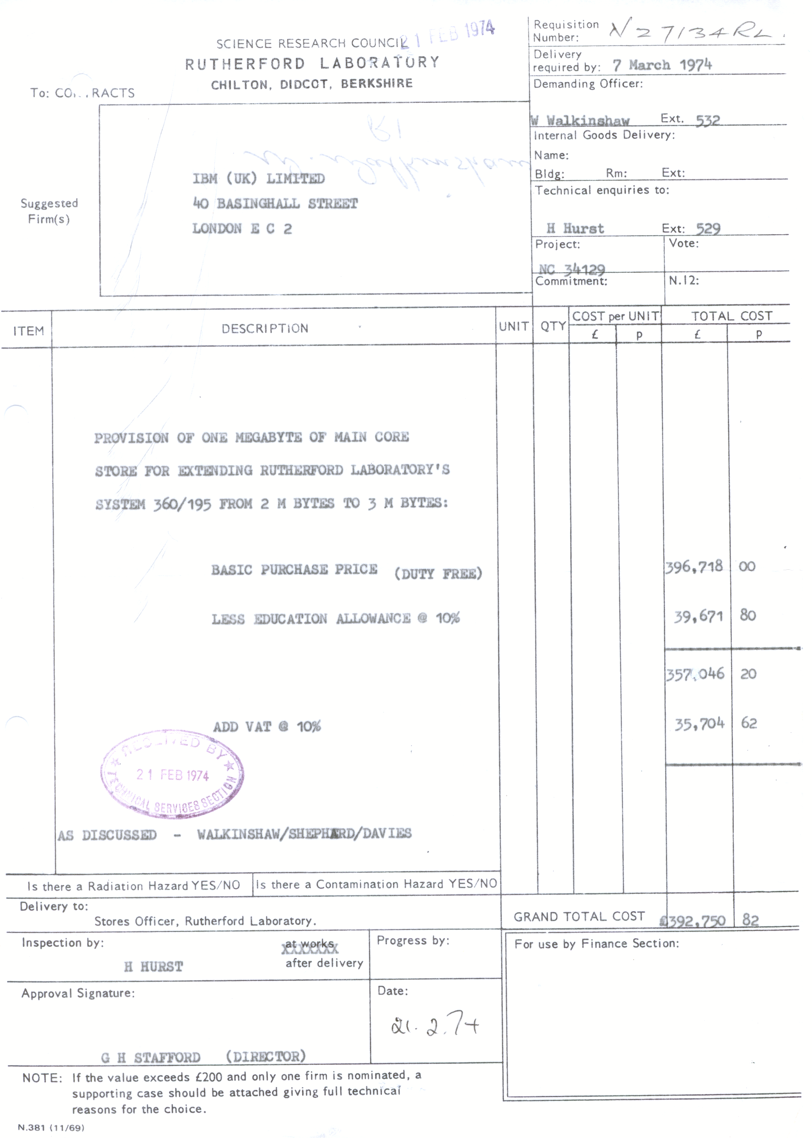 Invoice for Rutherford's third Megabyte of Memory