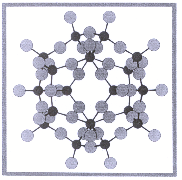 Fig 5.3 Diagram produced on the FR80 microfilm recorder showing grey 
scale shading for different atoms. The pentagonal dodecahedron is formed from 
linked groups of silicates. The highly symmetrical nature of these groups 
may help to explain the amorphous nature of silica gel.
