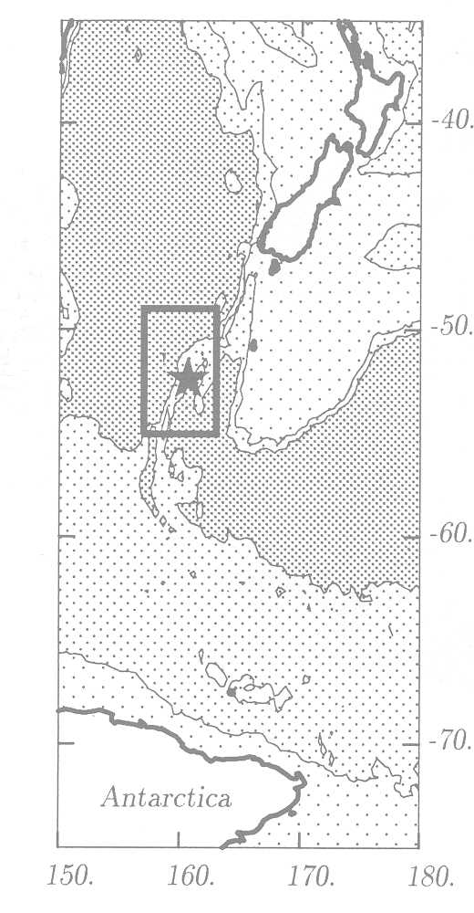Figure 1. Map of the Macquarie Ridge area. Bathymetric contours are shown at depths of 2,000, 4,000 and 6,000 m with the darker shading indicating deeper regions. The star denotes the epicentre of the 23 May, 1989 Macquarie Ridge earthquake. The box indicates the area shown in detail in Fig 2.