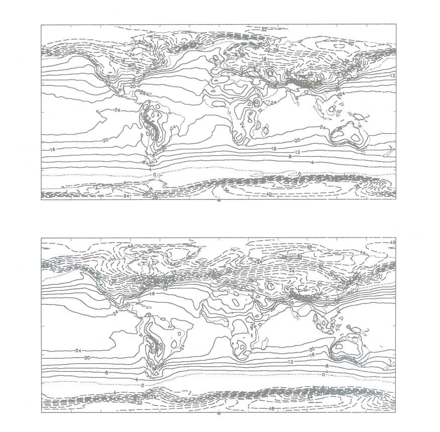 Figure 1. Mean surface air temperature for the December-February seasonal mean using (top) present day boundary conditions, and (bottom) LGM boundary conditions. The contour interval is 4°C and negative values are dashed. The sea surface temperature and sea ice limit are specified from CLIMAP data. 