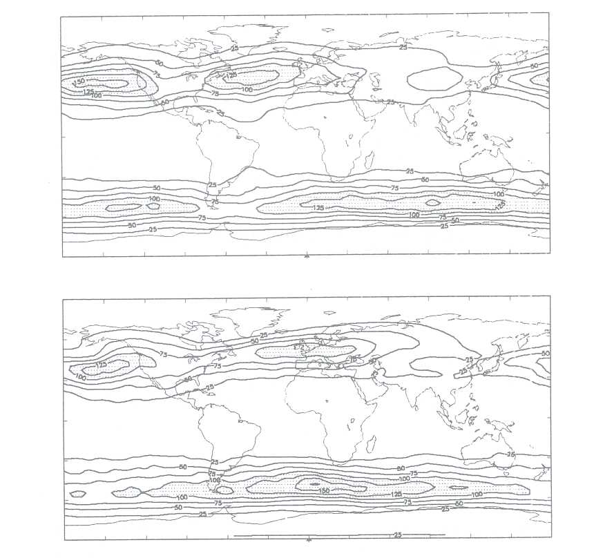 Figure 2. Mean high pass eddy kinetic energy per unit mass at 250 mb for the December-February seasonal mean for (top) present day and (bottom) LGM. The contour interval is 25 m2s-2 and 
values greater than 100 m2s-2 are stippled.