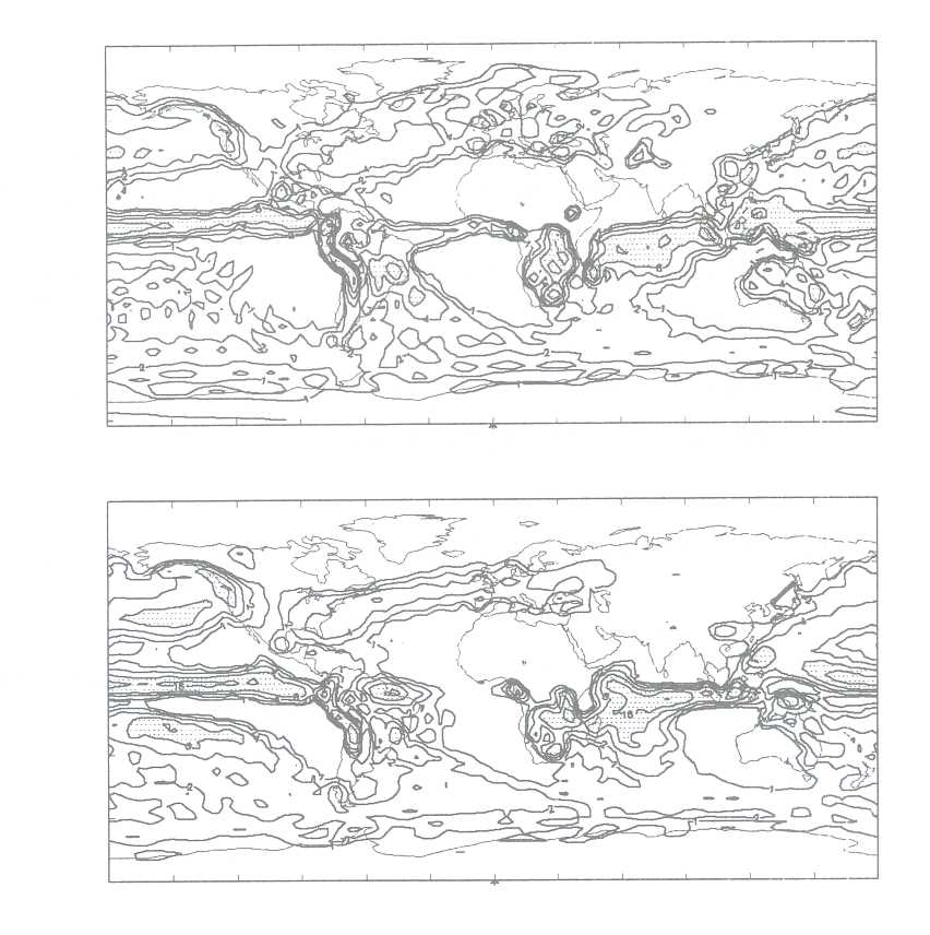 Figure 3. Total Precipitation for the December-February seasonal mean for (top) present day and (bottom) LGM. The contours are at 1, 2, 4, 8, 16, and 32 mm/day and rates in excess of 8 mm/day are stippled.