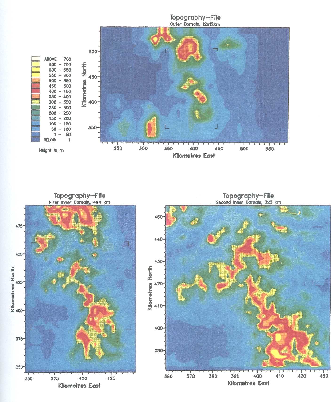 Figure 2: Topography of the three different domains used in the model