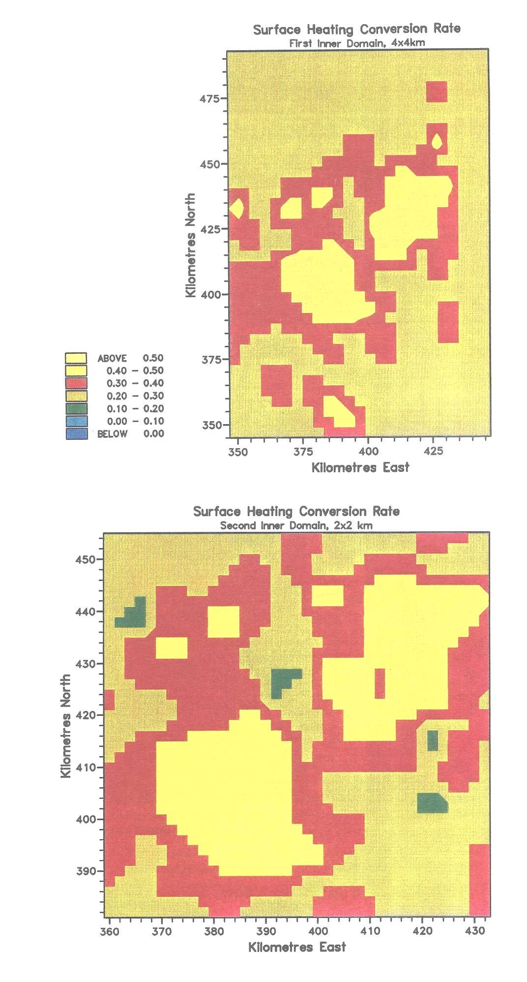Figure 3: Conversion factor of incoming solar radiation to sensible heat flux of the two inner domains used simulations of urban heat island effects