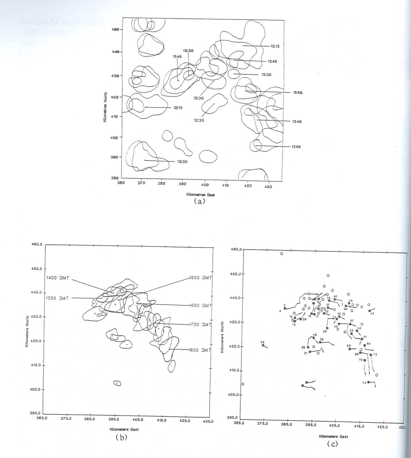 Figure 8: Overlay of the rainwater mixing ratio contour lines in 2 km height in 15 minute intervals for Run FER3DL (a), and the overlay of the radar estimated rainfall contour lines for the Halifax storm (b), and individual cell tracing in 5 minute intervals for the Halifax storm 