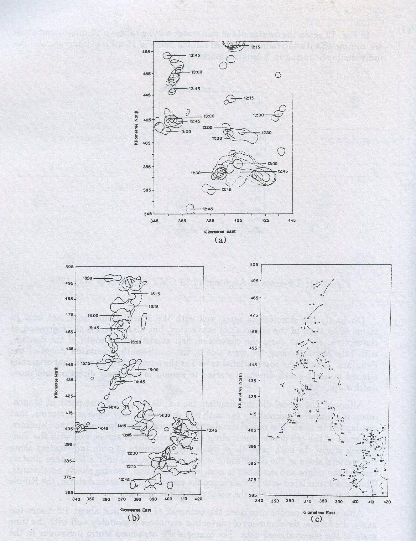 Figure 12: Overlay of the rainwater mixing ratio contour lines in 2 km height in 15 minute intervals for Run FER3DK (a), and the overlay of the radar estimated rainfall contour lines for the Toddbrook and Ribble Valley storms (b), and individual cell tracing in 5 minute intervals for the the two storms 