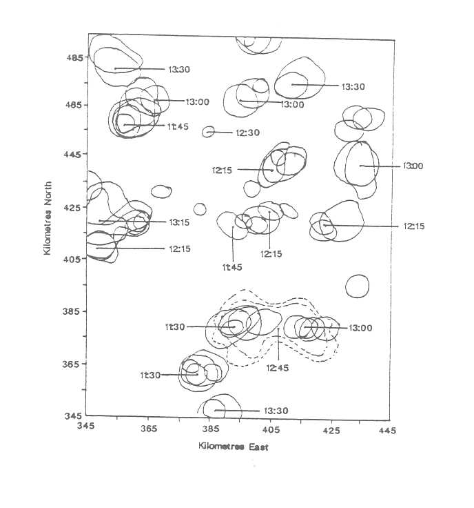  Figure 15: Overlay of the rainwater mixing ratio contour lines in 2 km height in 15 minute intervals for Run FER3DJ 