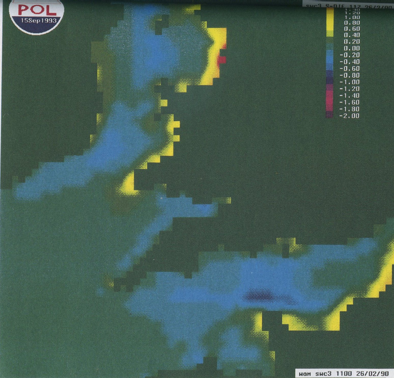 Figure 1. Changes in significant wave height (Hs) at 11z 26th Feb 1990 due to wave interaction with tide and surge motions (colour scale in metres). 