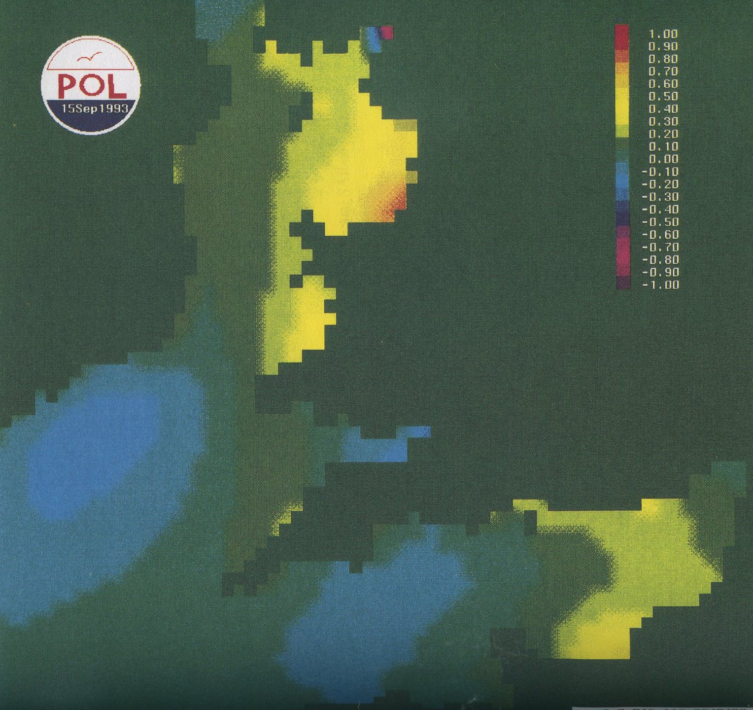 Figure 2. Changes in sea level at 11z 26th Feb 1990 due to influence of waves on surface and bottom stress (colour scale in metres). 