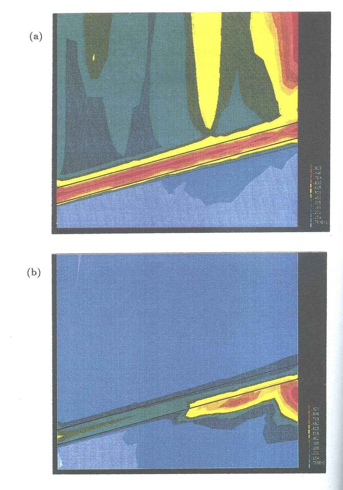 Fig 1 Examples of the field distribution of damage variables over a diametrical section of a welded pipe immediately prior to failure: a) for the upper bound b) for the lower bound of the damage variables γ and ξ (for details see ref Wang and Hayhurst) 
