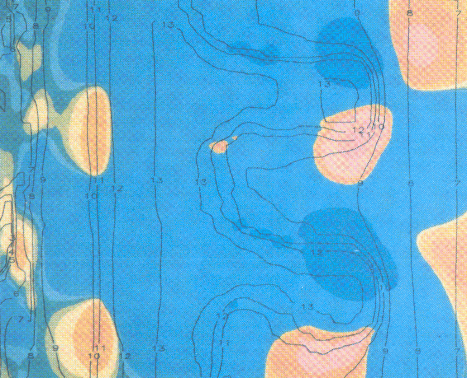 5.2 Self-generated magnetic fields (colour) superimposed on density contours of a laser-irradiated target undergoing the Rayleigh-Taylor instability.
